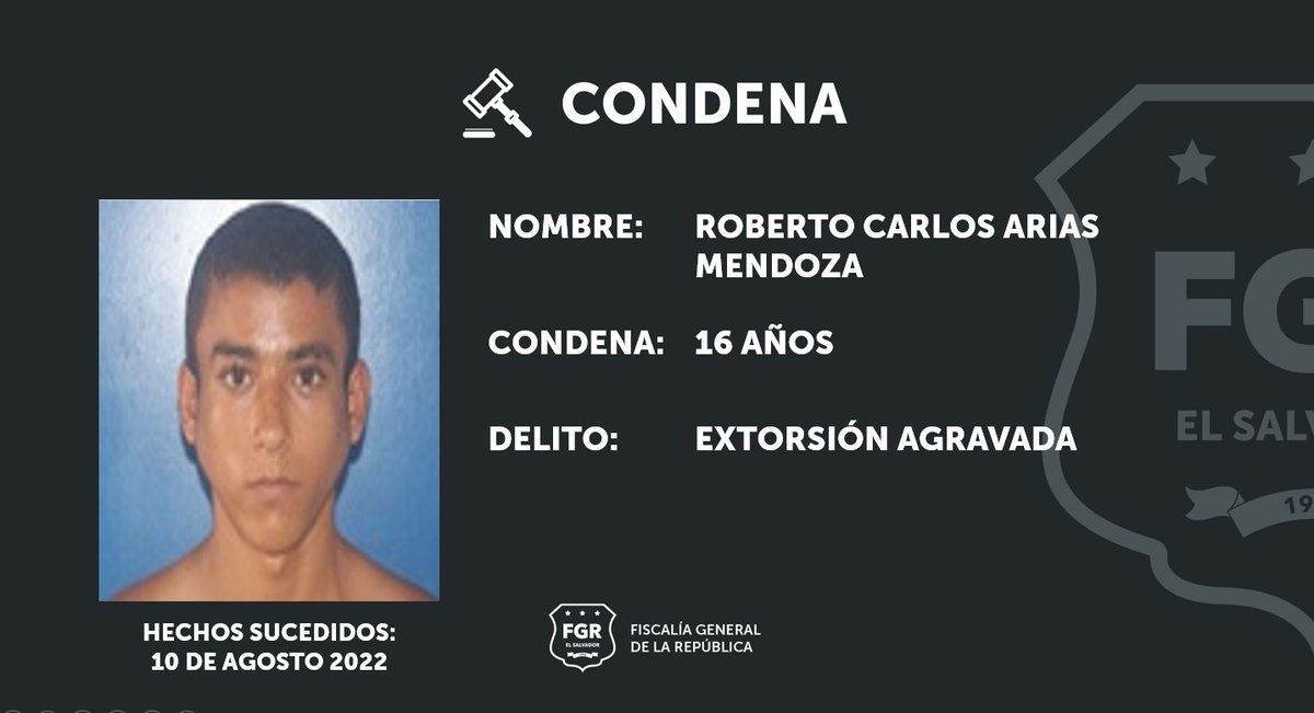 #Condena I El pandillero Roberto Carlos Arias Mendoza fue sentenciado a 15 años de cárcel tras ser encontrado culpable de extorsionar a una persona en el 2022. Este sujeto contactó a la víctima a través de una llamada telefónica y le exigió $150 dólares a cambio de no atentar