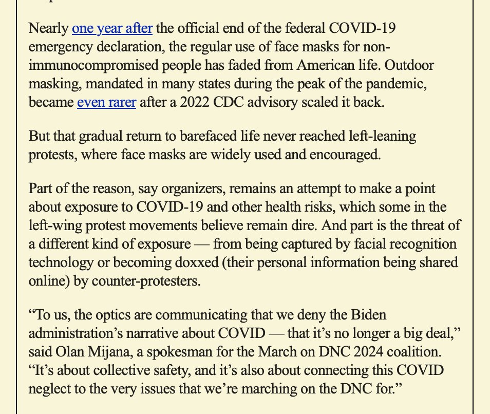 From @daveweigel's Semafor newsletter today, ft. this funny quote re masking at left-wing protests: “To us, the optics are communicating that we deny the Biden administration’s narrative about COVID — that it’s no longer a big deal... It’s about collective safety.'