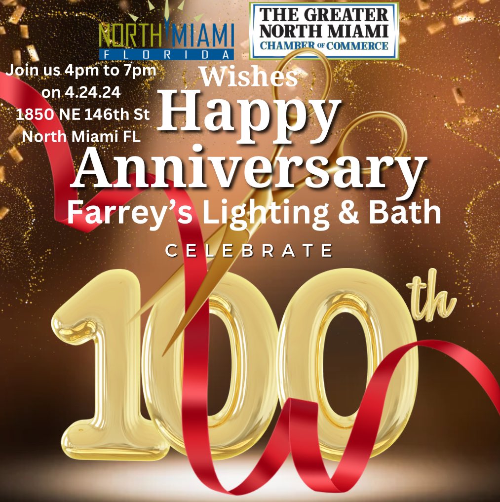 🎉🌟✨ Calling all Greater North Miami fam! 🌟✨ Join the biggest bash in town as we celebrate the 100th anniversary of Farrey's Lighting & Bath! 💯🎉 Come one, come all to 1850 NE 146th St, North Miami FL🎈 See ya there from 4pm to 7pm & be a part of history! 🔥🛁 #Farreys100