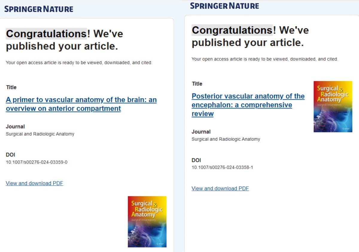 Thrilled to share our latest articles in Surgical and Radiologic Anatomy @SpringerNature on cerebral circulation. A primer for #Neurosurgery, #Neuroanatomy and #Neurology. 
@CleveClinicFL @CCFL_BrainTumor 

 Anterior: link.springer.com/article/10.100…

Posterior: link.springer.com/article/10.100…