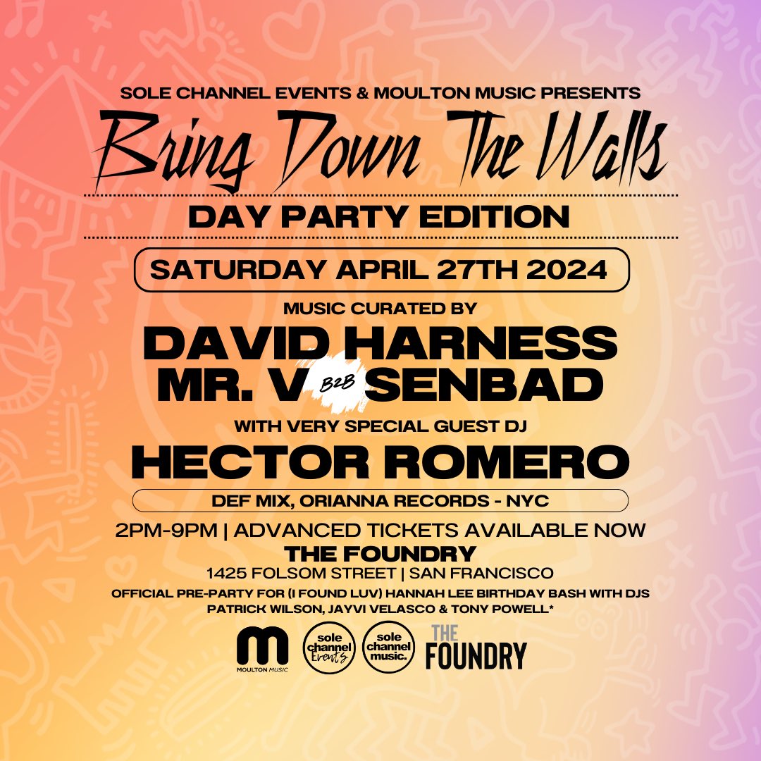 Mr. V 👑 (@djmrv) on Twitter photo Day party anyone???
This SATURDAY.
DAY PARTY VIBES!
2pm - 9pm
Music by: <a href="/djdavidharness/">David Harness</a> x #hectorromero plus….
Venue: <a href="/TheFoundrySF/">The Foundry SF</a> 👈🏼
Grab tickets 🎟️ here: eventbrite.com/e/bring-down-t…
See ya in the sun. Day party anyone???
This SATURDAY.
DAY PARTY VIBES!
2pm - 9pm
Music by: <a href="/djdavidharness/">David Harness</a> x #hectorromero plus….
Venue: <a href="/TheFoundrySF/">The Foundry SF</a> 👈🏼
Grab tickets 🎟️ here: eventbrite.com/e/bring-down-t…
See ya in the sun.