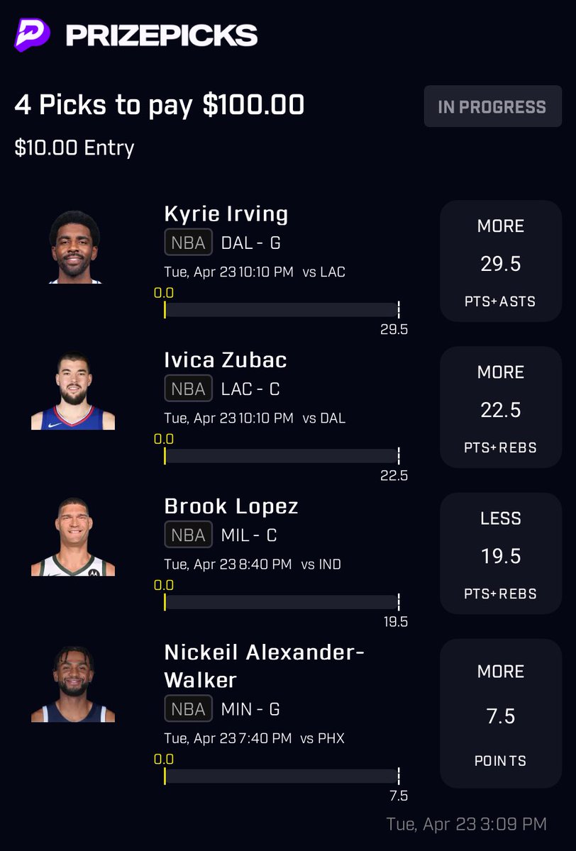 One of my ⁦@PrizePicks⁩ lineups for tonight’s slate of Playoff games, use code FIVE to match up to $100 of initial deposit ⁦@5OTF_⁩ ⁦@5ReasonsSports⁩
