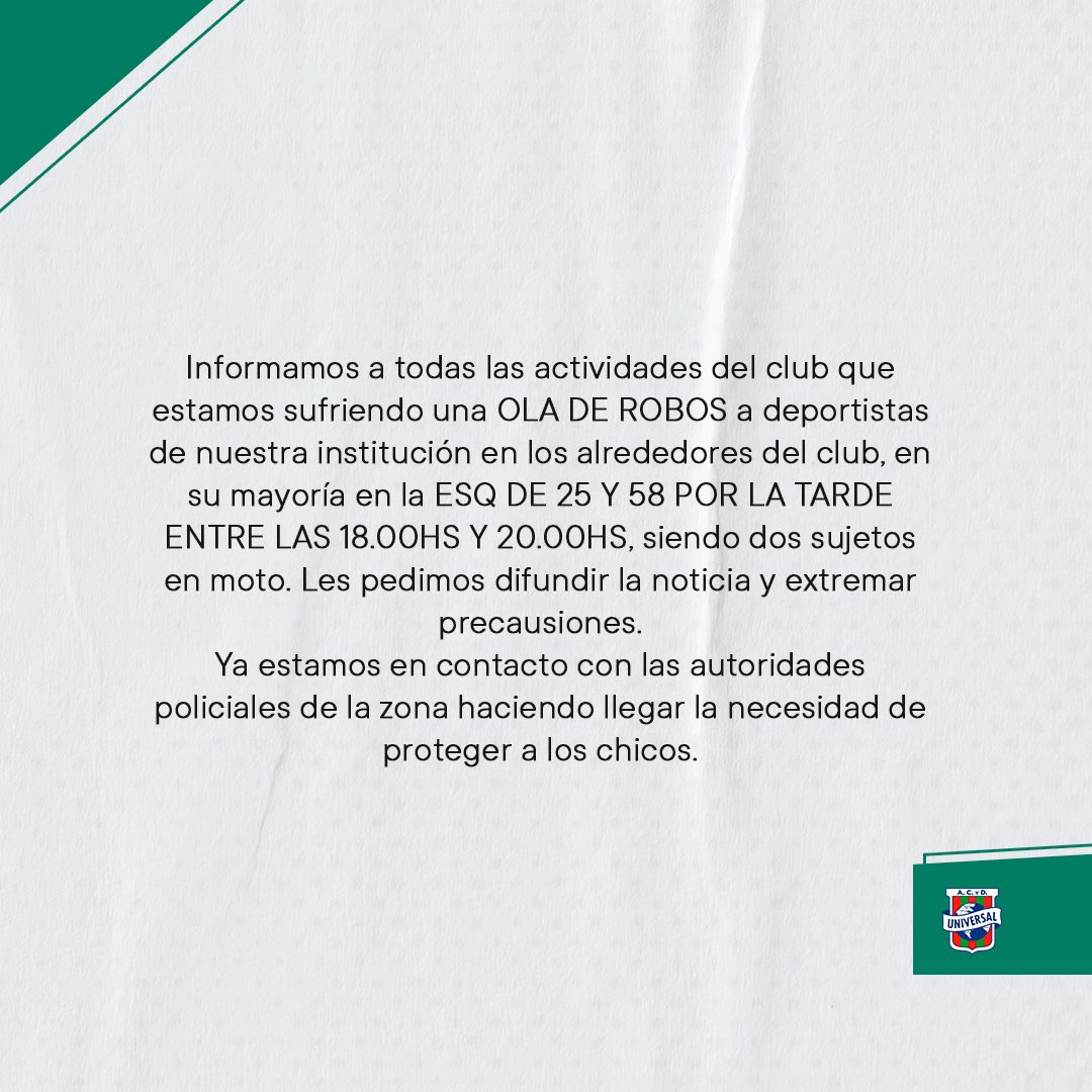 ¡Atención familia cuevera! 🚨

 Estamos viviendo una ola de robos en las inmediaciones del club. Pedimos a todos nuestros deportistas que extremen precauciones, especialmente en la esquina de 25 y 58 entre las 18:00hs y las 20:00hs.

Por favor, difundan esta información.