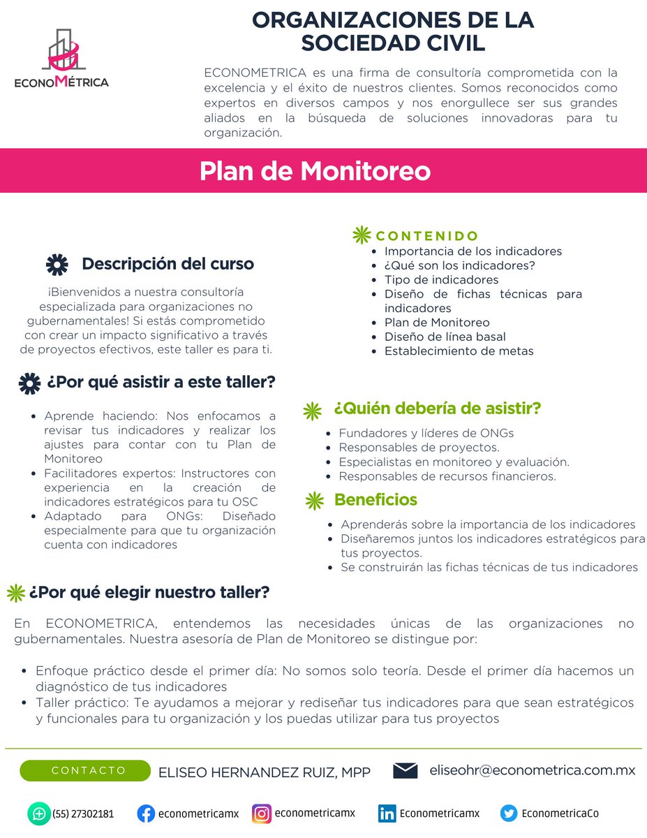 EconometricaCo's tweet photo. 🏆 Buscas fortalecimiento sobre la mejora de tus indicadores con nuestro curso de Plan de Monitoreo! Aprende a crear y dar seguimiento a las herramientas de medición para tu OSC. ¡Contáctanos para más información!

🌟💼 #PlandeMonitoreo #ECONOMETRICA #ONGs #SociedadCivil🔄✨ https://t.co/0RaWsGXYT5