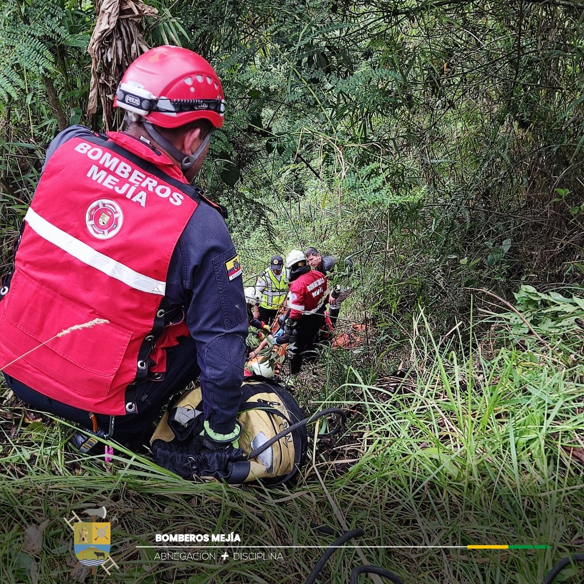 BomberosMejia1's tweet image. En el km 23 de la Vía Alóag – Santo Domingo un vehículo liviano cayó aprox. 100 metros hacia un barranco.
Nuestro personal realizó el rescate de una persona. El paciente fue estabilizado por nuestro personal para su traslado a una casa de salud.
@CTEcuador @ECU911Quito