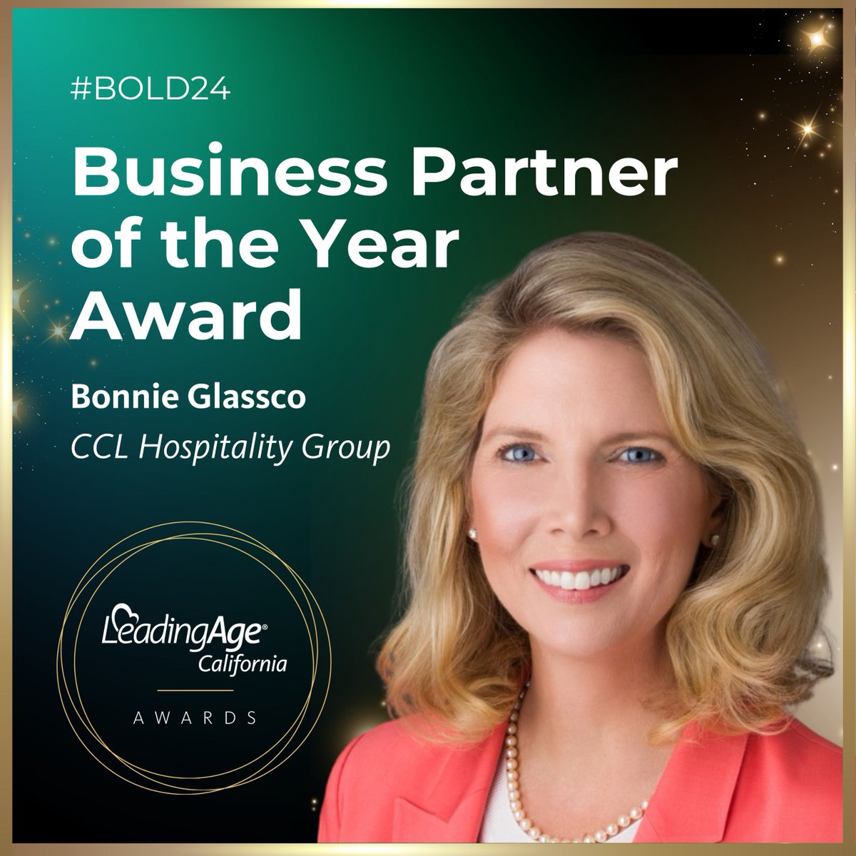 Honoring Bonnie Glassco of CCL Hospitality Group!🌟 Let's celebrate Bonnie's remarkable achievements and the contributions of all our 2024 award winners at a special ceremony during #BOLD24. 🏆✨

Join us! leadingageca.org/bold 

#Leadership #CommunityEngagement #congrats