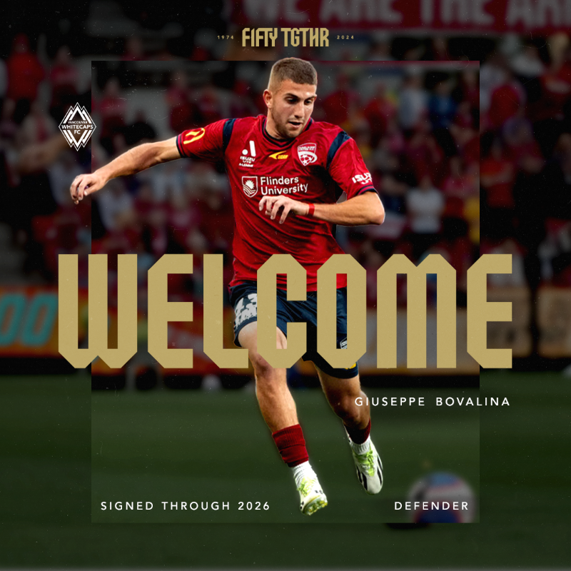 WhitecapsFC's tweet photo. We got a new Socceroo in town 🇦🇺

19-year-old Australian wingback Giuseppe Bovalina joins us from @aleaguemen side @AdelaideUnited and signs through 2026, with club options for 2027 and 2028 ✍️ Welcome to the West Coast, Giuseppe!

#VWFC | #FIFTYTGTHR