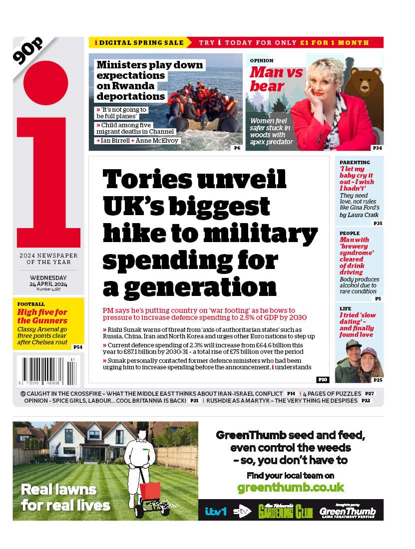 Wednesday's front page: Tories unveil UK’s biggest hike to military spending for a generation #TomorrowsPapersToday Latest by: @ChaplainChloe @janemerrick23 @HugoGye @DavidParsley50 trib.al/UBSthxr