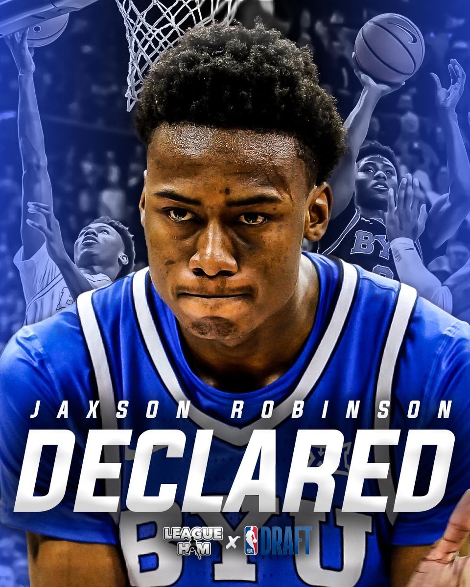 League_Him's tweet photo. BREAKING: Jaxson Robinson, a 6-7 wing from BYU, tells me he will declare for the 2024 NBA Draft. “I have so much appreciation for Coach Pope and staff for taking me in, and helping me develop into the player and person I am today.”

More on his decision: https://t.co/KqTOwu4WiQ https://t.co/FQrQMhtvI7