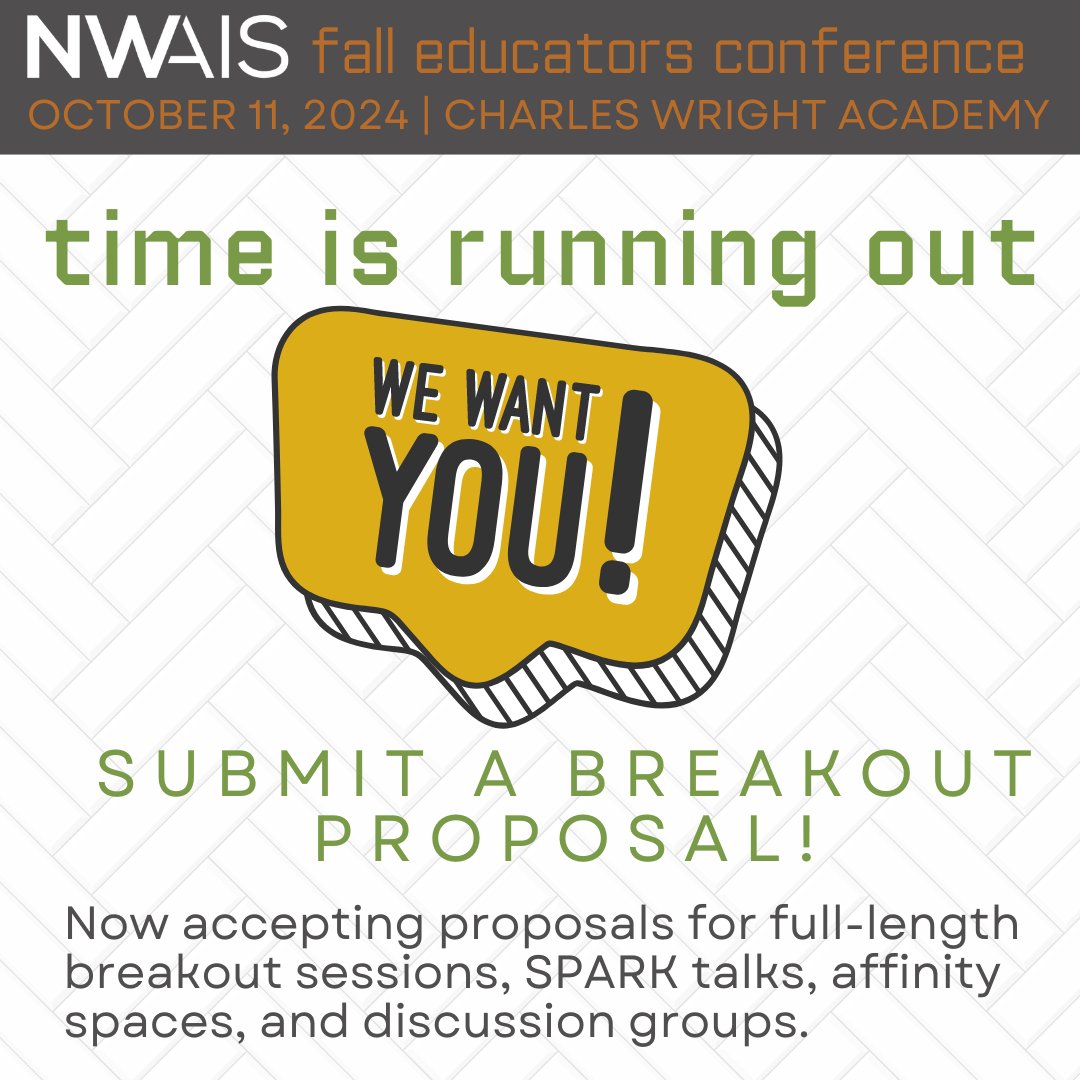 Just one week left to submit your breakout session proposal for our Fall Educators Conference! Learn more at our website: nwais.org/events/EventDe…