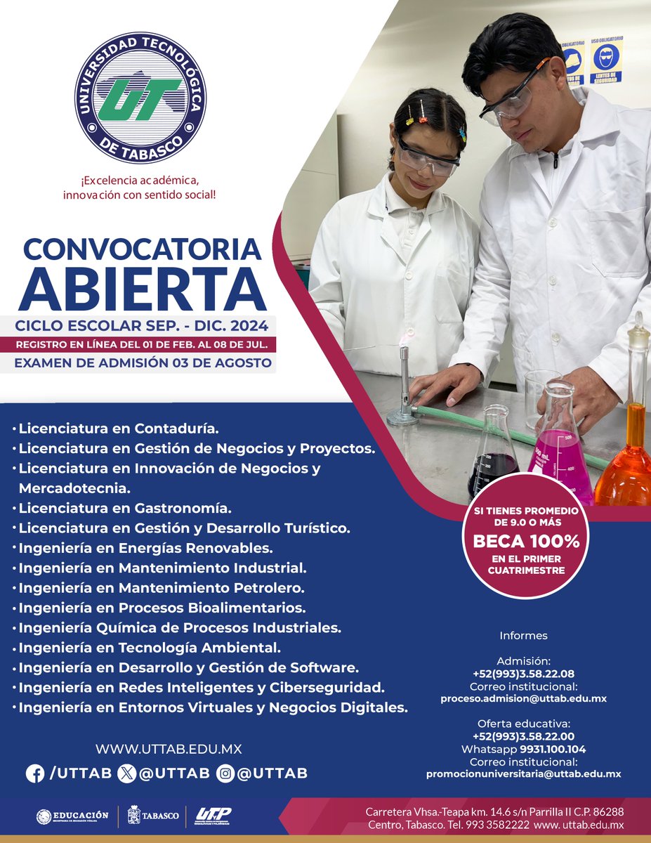 ¡📣 La @UTTAB te invita a participar en la convocatoria de nuevo ingreso para el proceso de admisión del ciclo escolar septiembre-diciembre 2024! 🎓✨ ¡Es tu oportunidad para formar parte de nuestra comunidad académica! 🌟