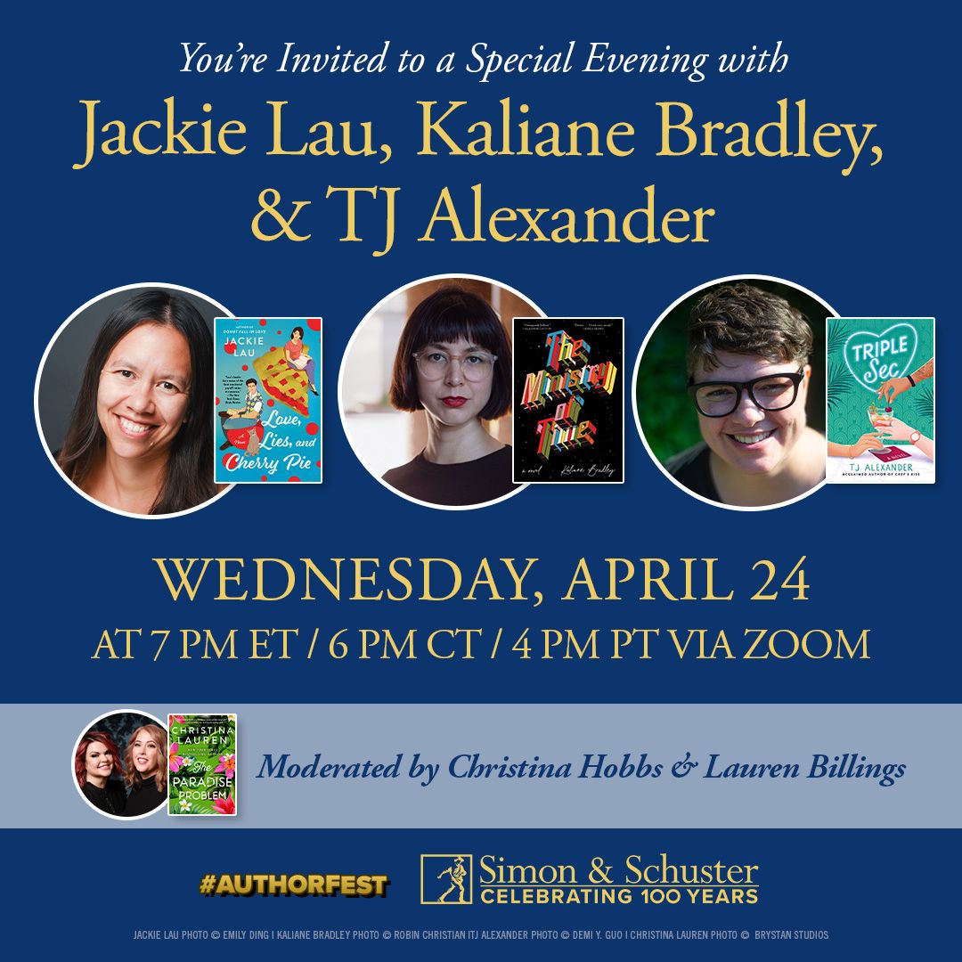 Tomorrow is @simonschuster's virtual Spring 2024 AuthorFest! 😍 Register free now to hear @JackieLauBooks, @tjalexanderNYC, & Kaliane Bradley discuss their new novels, moderated by bestselling authors @ChristinaLauren. 📚✨ Don't miss it! bluewillowbookshop.com/event/v-author…