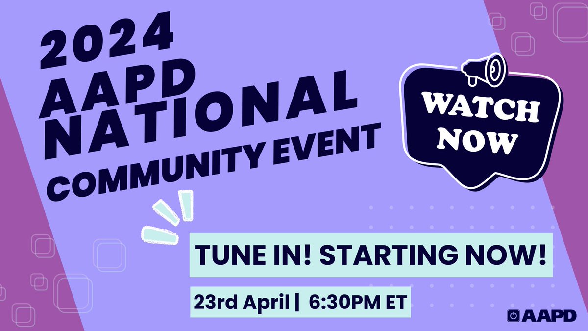 We're just moments away from the #AAPD National Community Event (4/23, 6:30 ET)! Watch here: Captioning and ASL interpreting: vimeo.com/event/4202006/… Audio description: vimeo.com/event/4202012/… Streamtext: streamtext.net/player?event=A… #DisabilityCommunity2024 #NothingAboutUsWithoutUs