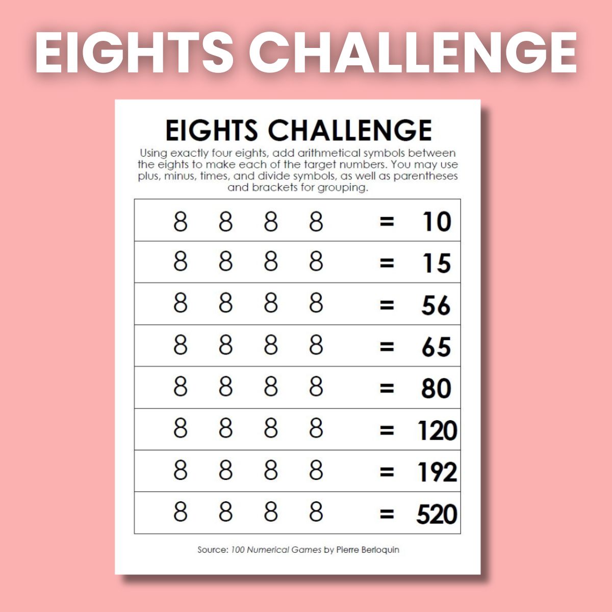 Eights Number Challenge - Using exactly four eights, add arithmetical symbols between to eights to make each of the target numbers. - from Pierre Berloquin mathequalslove.net/eights-challen… #mtbos #iteachmath #puzzlingclassroom