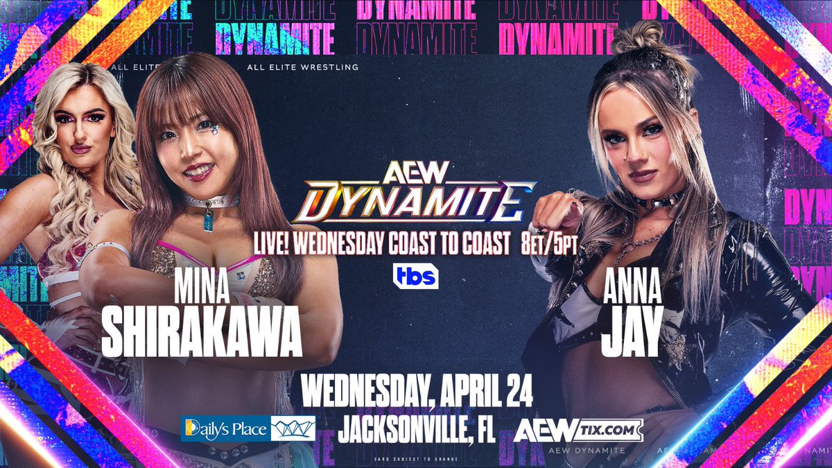 TOMORROW, Wed 4/24 @dailysplace Jacksonville, FL Wednesday Night #AEWDynamite 8pm ET/7pm CT/6pm MT/5pm PT Live Nationwide on TBS @MinaShirakawa vs @annajay___ After saving her friend @MariahMayx from the Queenslayer, Mina Shirakawa will debut in AEW vs rival Anna Jay TOMORROW!