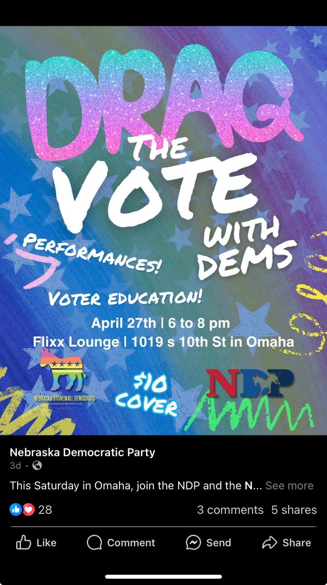 Remember the narrative, It’s the NEGOP pushing controversial social agendas. Meanwhile, you can learn serious #Nebraska policy and training while watching drag at the NDP meeting. Our guess is Abortion petitions and DEI issues will be present from the no social agenda party.