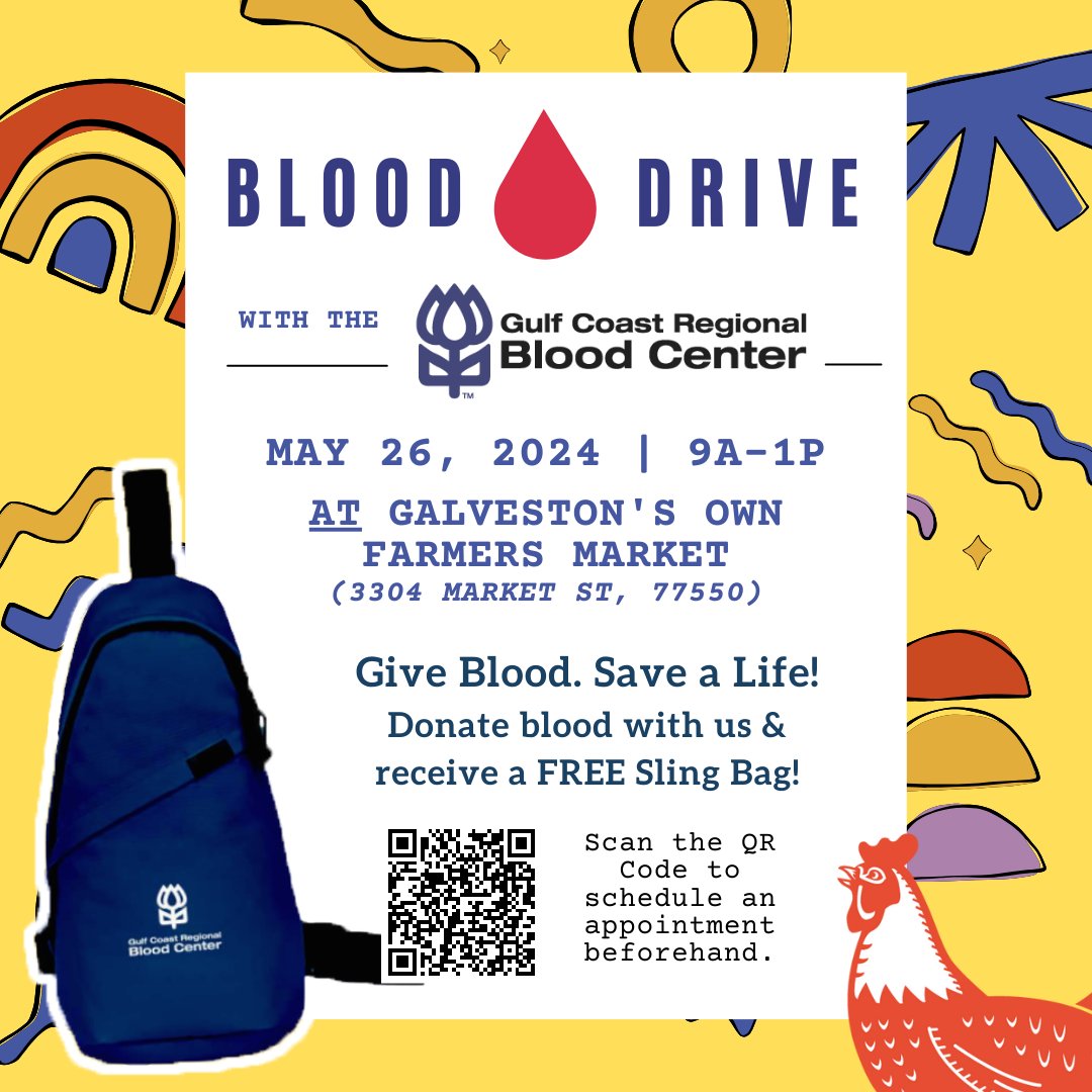 🩺 🩸 Give blood, save a life, AND score a 𝙛𝙧𝙚𝙚 sling bag! Save the date for our summer blood drive in partnership with @commitforlife on Sunday, May 26th, from 9a to 1p. ➡️ To schedule your appointment ahead of time, visit galvestonsownfarmersmarket.com/blog/240526-bl…