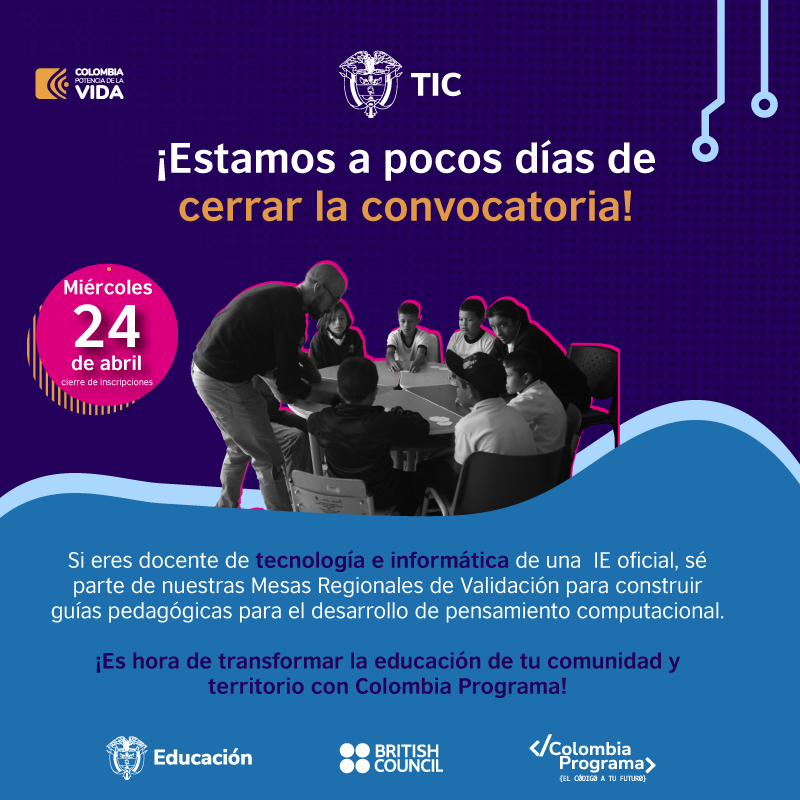¡Últimos días para postularte! Si eres maestra o maestro con formación y/o experiencia en la enseñanza de áreas en Tecnología e Informática ¡esta convocatoria es para ti! . ¡Inscríbete hasta este miércoles 24 de abril! 👩‍🏫👨‍🏫 #ColombiaPrograma <a href="/cobritish/">British Council</a>

mintic.gov.co/colombiaprogra…