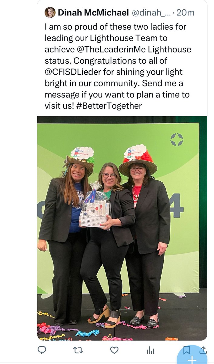 A BIG thank you to our amazing Principal Dinah McMichael.  You make a difference every day.  Thank you for believing in your staff &amp; students!!! #BetterTogether <a href="/dinah_mcmichael/">Dinah McMichael</a> <a href="/CFISDLieder/">Lieder Elementary</a> <a href="/CFISDELs/">CFISD EBs</a> <a href="/quirosirene/">Irene Quiros M. Ed.</a>