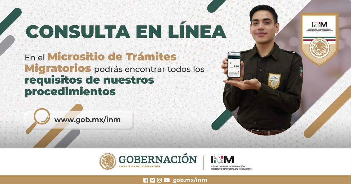 #ConsultaenLínea 👤📲 a través de nuestro #MicrositioINM 🖥️ los requisitos de cualquier trámite migratorio 🪪 y los debidos procedimientos ✅. #MigraciónMéxico 🇲🇽 #INMContigo 🤝 🔗 acortar.link/m35Ij9