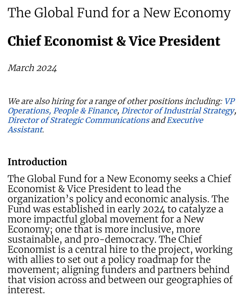 ‼️Dream job alert ‼️ If we are serious about a new political economy, this requires a new knowledge infrastructure. The Global Fund for a New Economy does just that: catalyze change globally. They are hiring a Chief Economist, a key role. For more: bit.ly/4akiGSB