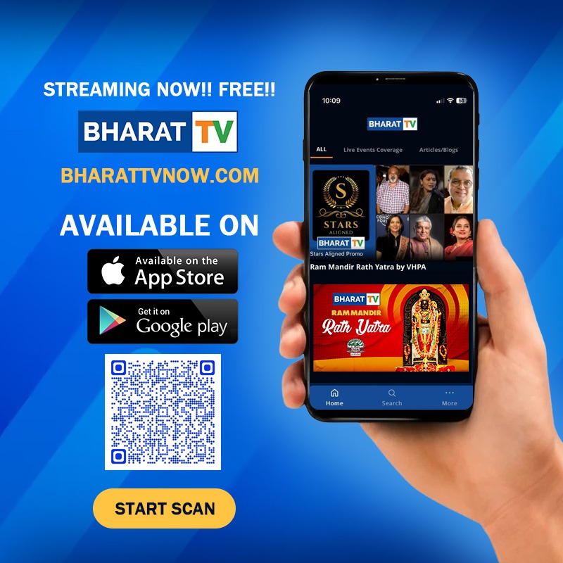 Experience the historic 'Ram Mandir Rath Yatra' LIVE on Bharat TV App! 🚩Download the FREE app from the App Store/Google Play Store or scan the QR code from the poster. 📲🌟#BharatTV #RamMandir #Rathyatra #India #DownloadNow 🚩📲