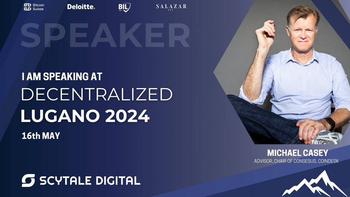 Excited for this! Thank you, @scytaledigital, @BIL_LUX, @Deloitte, @BitcoinSuisseAG & Salazar Pay for including me in #decentralizedlugano2024 on May 16th.