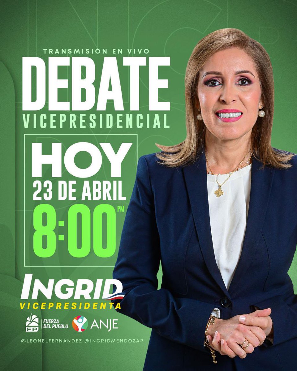 Nos complace anunciar que hoy acude al  debate en ANJE nuestra candidata a la vicepresidencia de la República Dominicana  por el partido Fuerza del Pueblo Ingrid Mendoza 

#IngridMendozaFP
#Debates2024
#VoyAIngrid
#FuerzaDelPueblo 
#DebateAnje
#DebateANJE2024
<a href="/ingridmendozap/">Ingrid Mendoza</a>