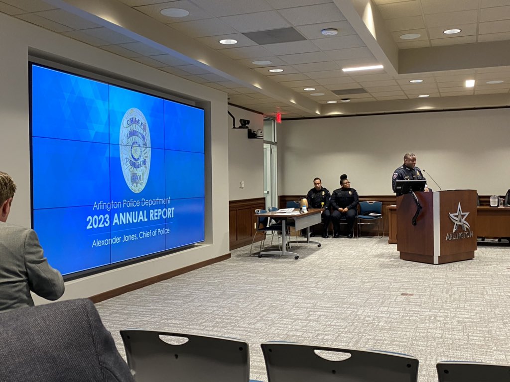 ArlingtonPD's tweet photo. This afternoon, @ChiefArlington presented our 2023 Annual Report to City Council. 

This report takes a comprehensive look at the department’s achievements, new initiatives, and crime stats from the past year. 

It also highlights different units within the department.

1/ https://t.co/IPM9etS3k3