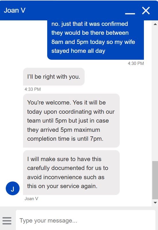 KishaCG's tweet photo. @CenturyLink Well we were told the window is 8am-5pm. It is 6:15pm and nobody has arrived. Apparently we have to wait until 7pm? Is there no such thing as respecting anyone's time?

I'm ready to change service, it's honestly been nothing but issues. 🙄 https://t.co/nFeESJr40y