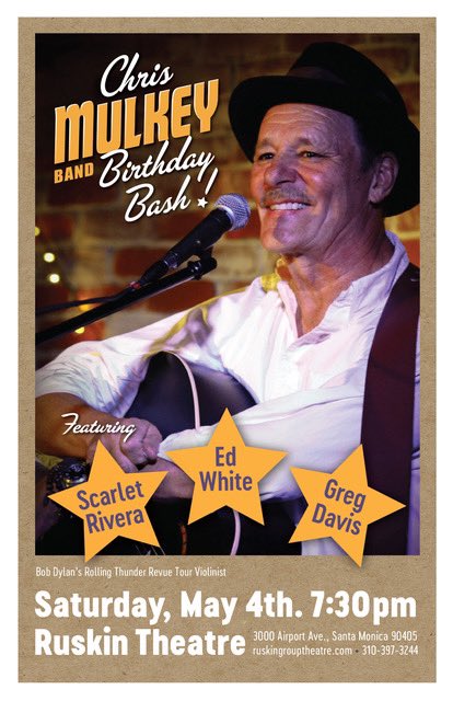 We are so excited to not only celebrate @mrchrismulkey’s birthday with him, but also to do it while he’s jamming out w/ his band & special guest Scarlet Rivera, Bob Dylan’s rock violin player!! Tickets will sell out, so grab yours while you can!! app.arts-people.com/index.php?tick…
