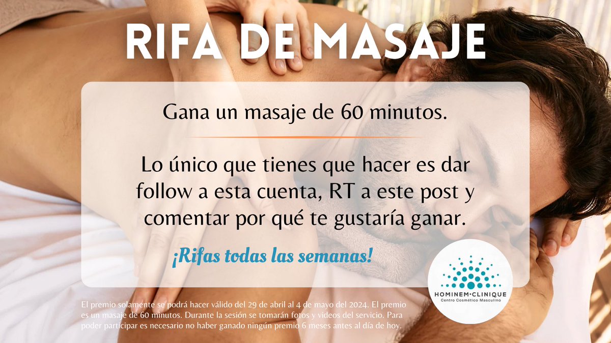 HominemClinique's tweet photo. ✨ Concurso de la semana. ✨
Gana un masaje profesional. Solamente da RT, sigue nuestra cuenta y comenta por qué te gustaría ganar. Nos vemos en sesión. 

Rifa: 27 abril 2024 https://t.co/BLwycRepNp