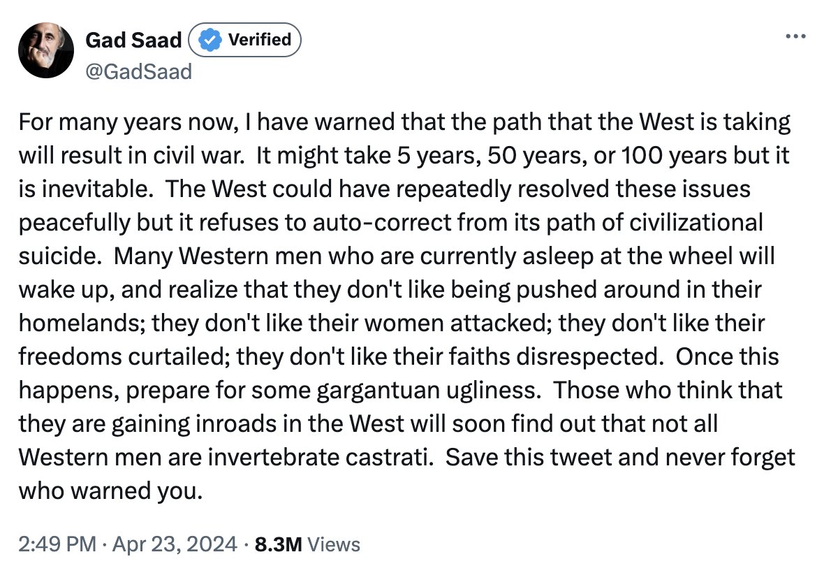 BREAKING: Elon just agreed with and amplified this white supremacist screed. Note that the phrase “Western men” is here a euphemism for white Christian men. Just replace the euphemism for what it’s standing in for and you’ll understand that Musk is indeed an unrepentent neo-N*zi.