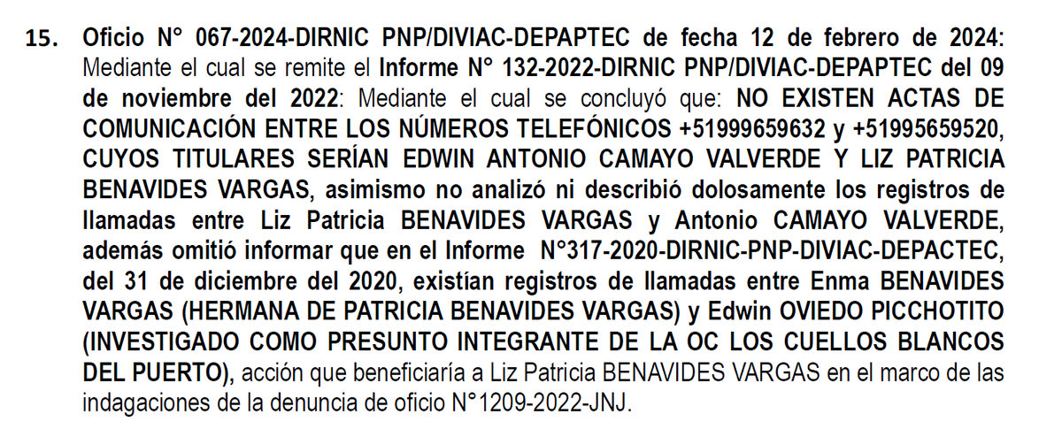 🚨 #CasoValkiriaXI | La resolución judicial registra los informes que omitieron registrar las llamadas entre Patricia Benavides y Antonio Camayo así como las llamadas entre Emma Benavides y Edwin Oviedo también investigado por el caso Los Cuellos Blancos. Esta acción…