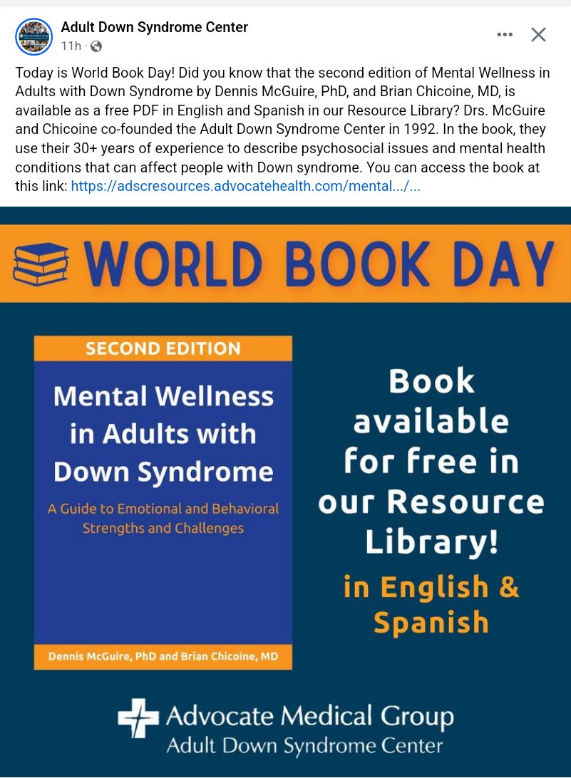Pamela Wilson (@downsynadvocacy) on Twitter photo Mental Wellness in Adults with Down Syndrome
Psychosocial issues and mental health conditions that can affect people with DS
By Dennis McGuire, PhD and Brian Chicoine, MD
Free PDF in English and Spanish in the Adult Down Syndrome Center Resource Library
adscresources.advocatehealth.com/mental-wellnes… Mental Wellness in Adults with Down Syndrome
Psychosocial issues and mental health conditions that can affect people with DS
By Dennis McGuire, PhD and Brian Chicoine, MD
Free PDF in English and Spanish in the Adult Down Syndrome Center Resource Library
adscresources.advocatehealth.com/mental-wellnes…