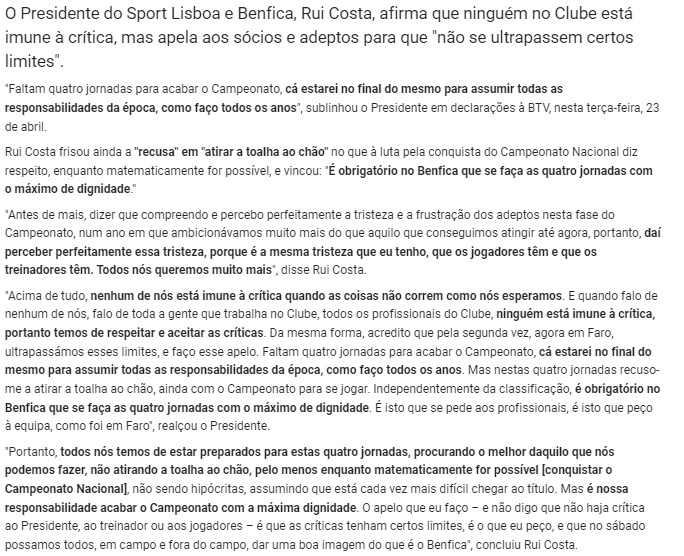 Rui Costa prestou declarações à BTV.