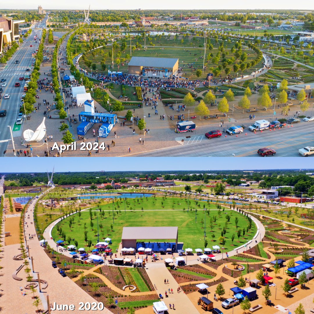 The growth in OKC over the last 5 years has been so exciting & evident in all of the great things happening downtown! And speaking of growth, check out this cool side-by-side aerial view - our trees are definitely growing! 🌳🌲   Top 📸 by @OKCTalk Bottom 📸 by @flighttimeokc