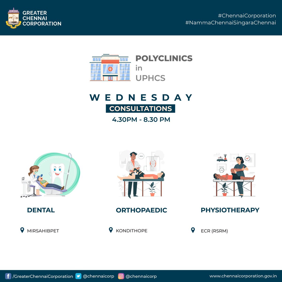 Dear #Chennai, The following #GCC Polyclinics open for various specialised consultations from 4:30 PM to 8:30 PM. Visit to take a step towards better health! @RAKRI1 #ChennaiCorporation #NalamiguChennai