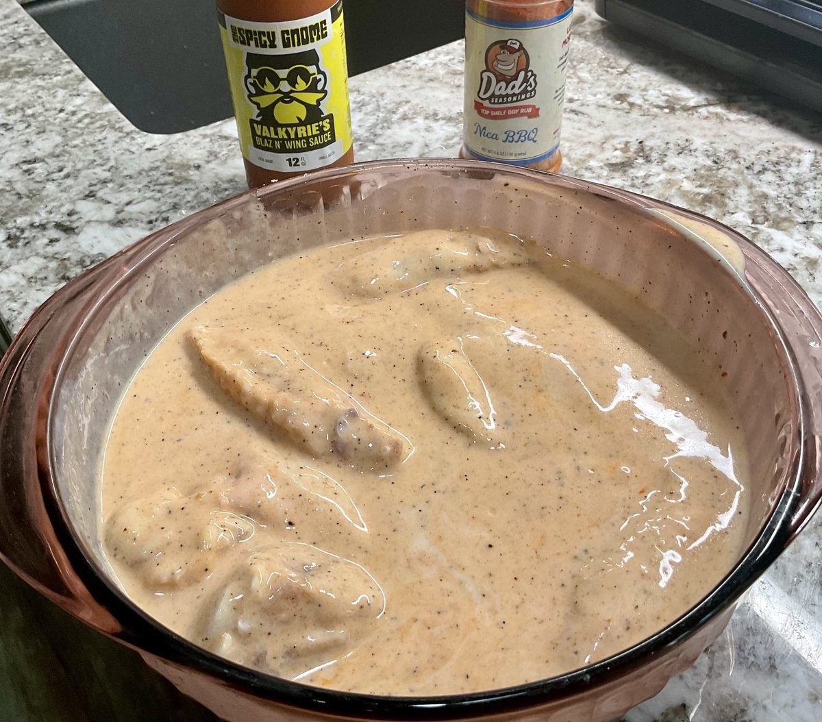 Doing some fried wings. Buttermilk marinade with ⁦@thespicygnome⁩ Valkyrie’s, ⁦@DadsSeasonings⁩ Nica BBQ. I added some additional black pepper cuz i like black pepper. In the fridge a couple hours.