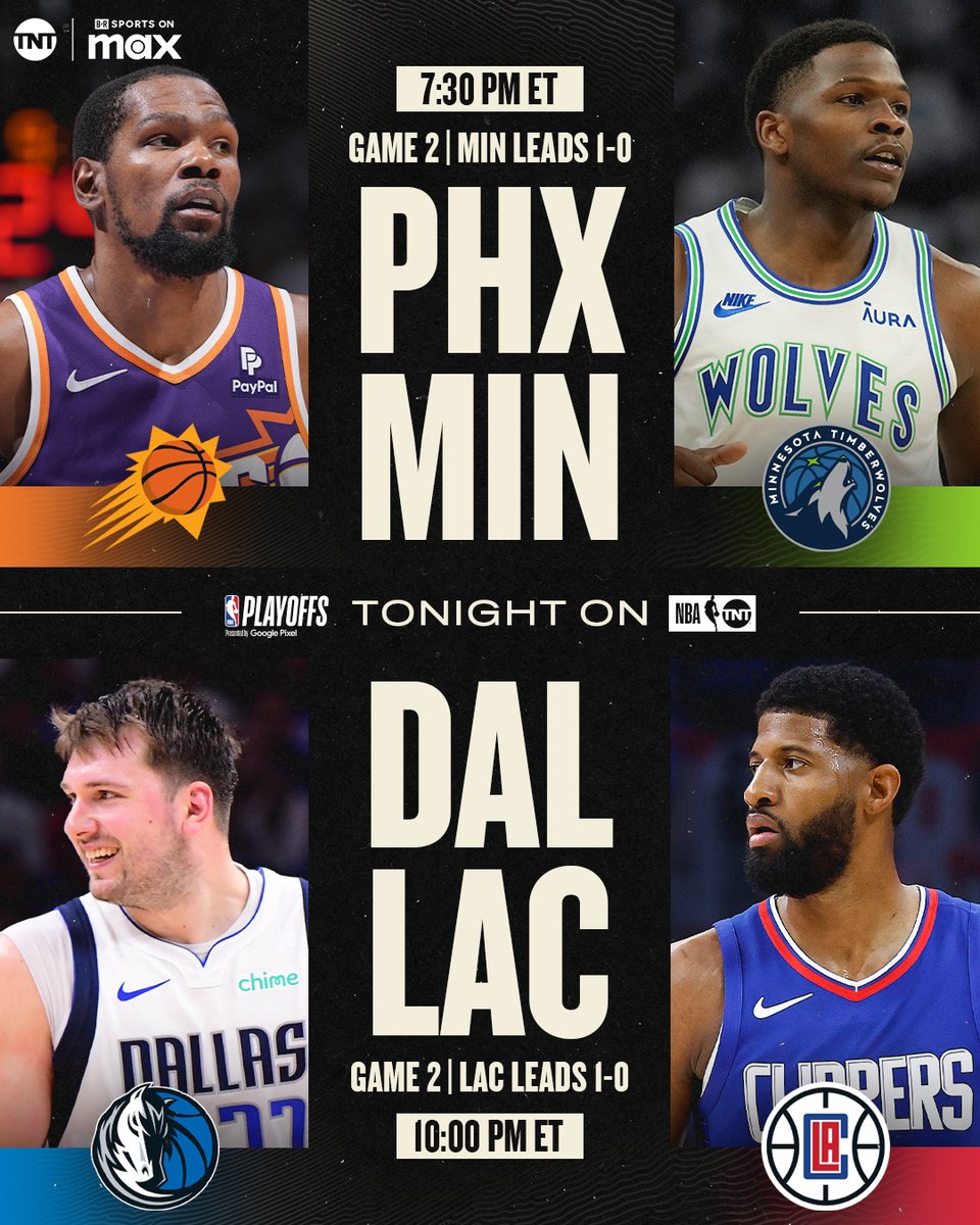 Back with another night of Game 2s 🍿 @Suns vs. @Timberwolves @dallasmavs vs. @LAClippers 📺 7 PM ET | TNT and @SportsonMax