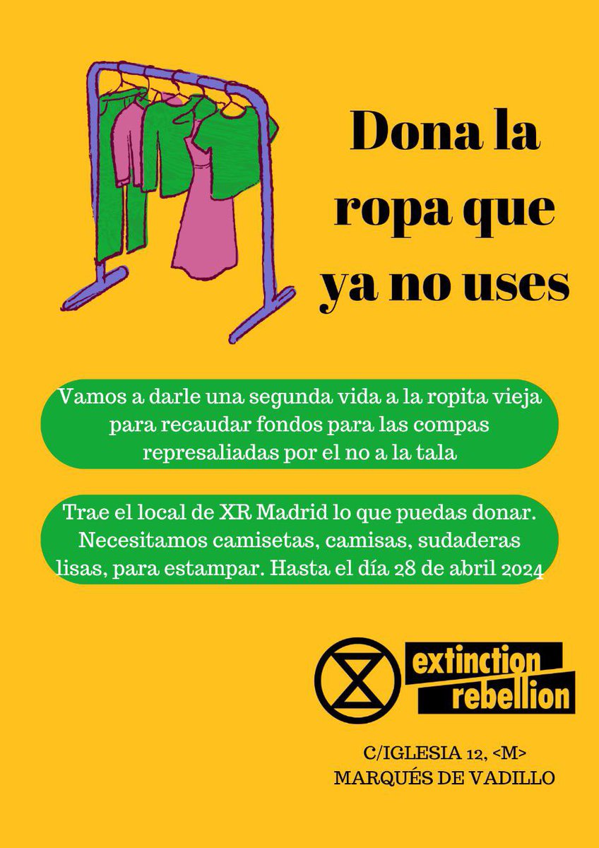 🧶SERIGRAFÍA Y REMIENDOS🪡 Trae ropa o telas lisas para estampar al📍local de XR, C/ Iglesia 12, Metro Marqués de Vadillo hasta el DOMINGO 28 de ABRIL ♻️