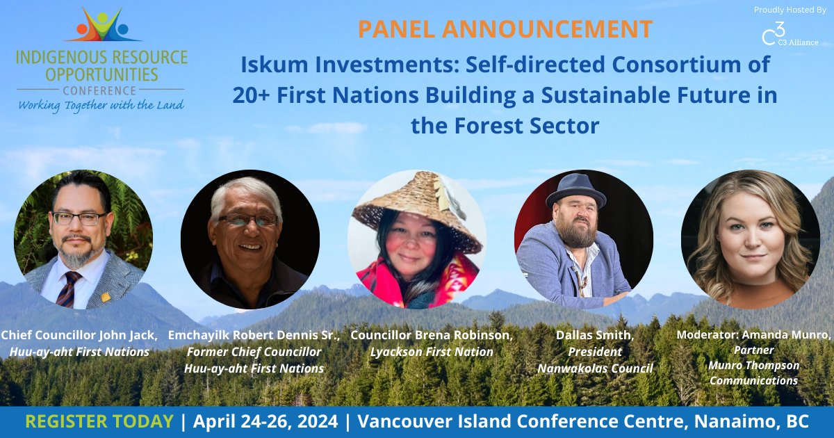 Don't miss #IROC2024's closing panel with Chief Councillor John Jack, former Chief Councillor Emchayilk Robert Dennis Sr., Councillor Brena Robinson, & Dallas Smith. 

Make sure you stick around until lunch on Friday for this must-see panel!

Register: bciroc.ca/registration/