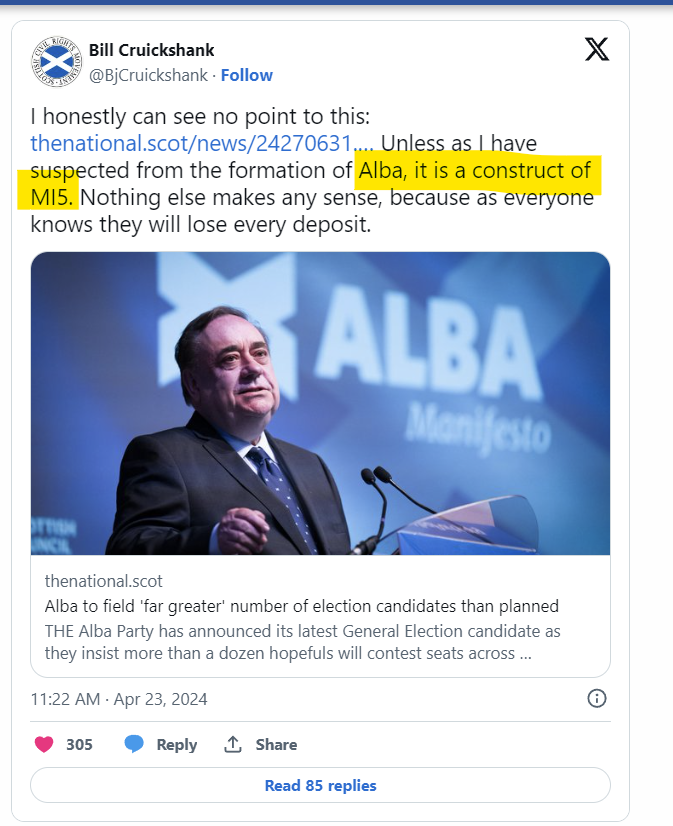 Oh Dear, Mad Bill has been let loose on the care come computer again. Alba are now a construct of MI5! 😂😂😂😂😂