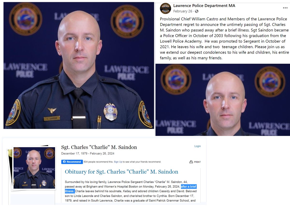 Lawrence, MA - 44 year old Police Sergeant Charles Saindon died unexpectedly on Feb.26, 2024 after a brief illness.

COVID-19 mRNA Vaccine Mandated sudden deaths are at an all time high and rising

Police Officers have been hit extremely hard 

#DiedSuddenly