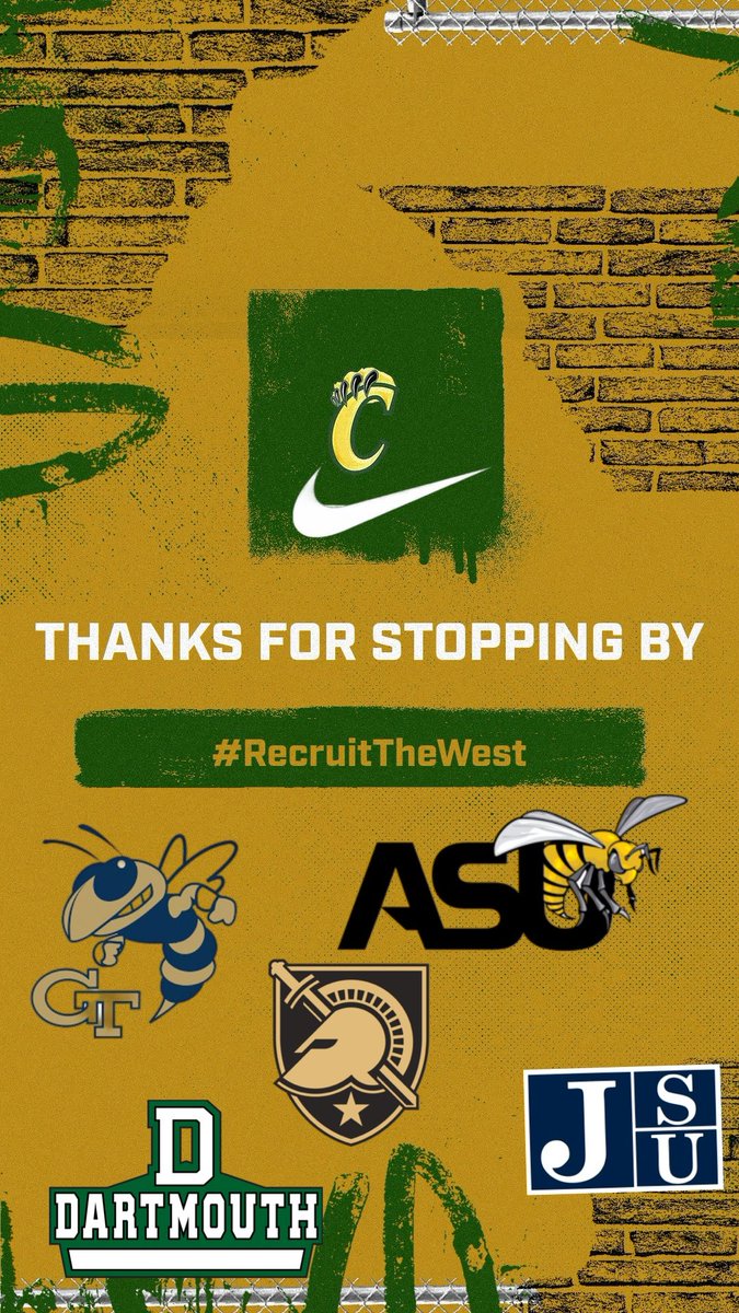 Thank you @GeorgiaTechFB @DartmouthFTBL @BamaStateFB @gojsutigersfb @ArmyFB_Recruit for stopping by #RecruitTheWest