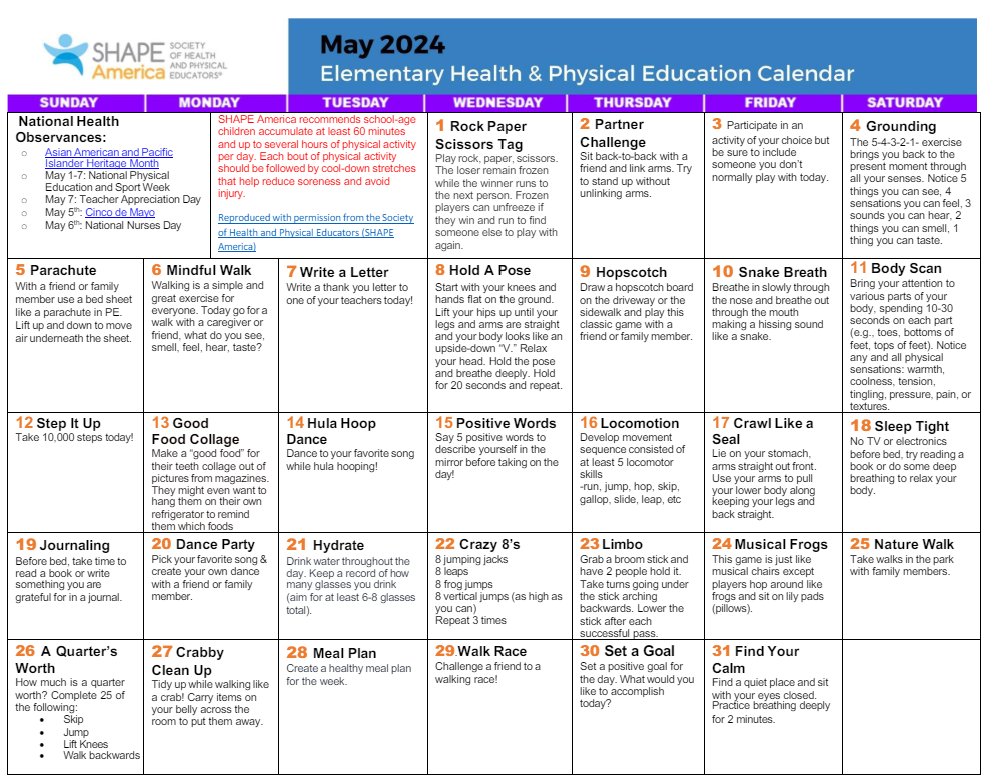 Our May Activity Calendars are live and free‼️😃

Check them out and download now👇👇👇
shapeamerica.org/MemberPortal/p…
