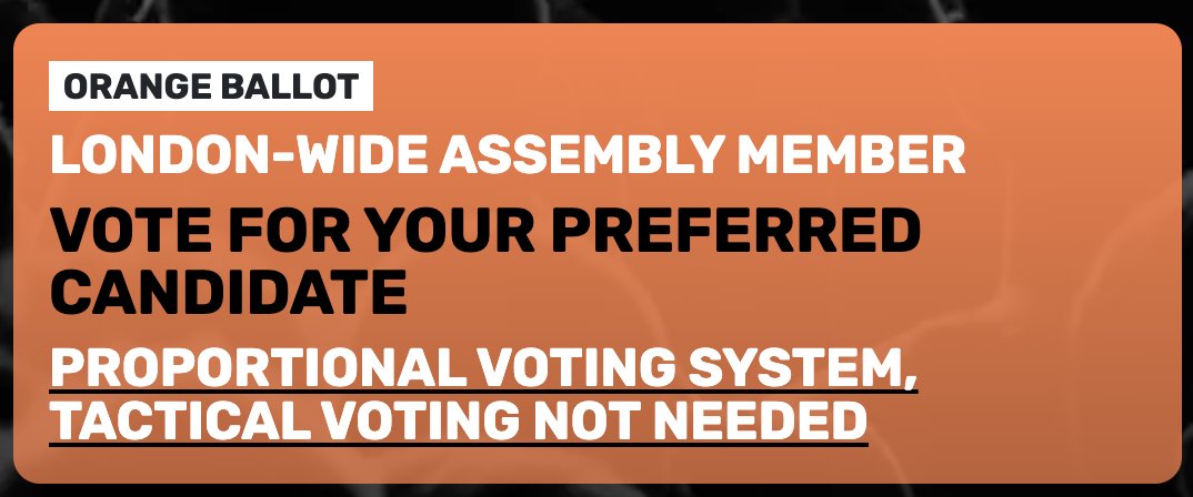 Reminder - the London orange ballot uses proportional representation - it's the one vote where you can safely vote for your preferred candidate knowing it will count. And they even made it orange to help you decide. 😀