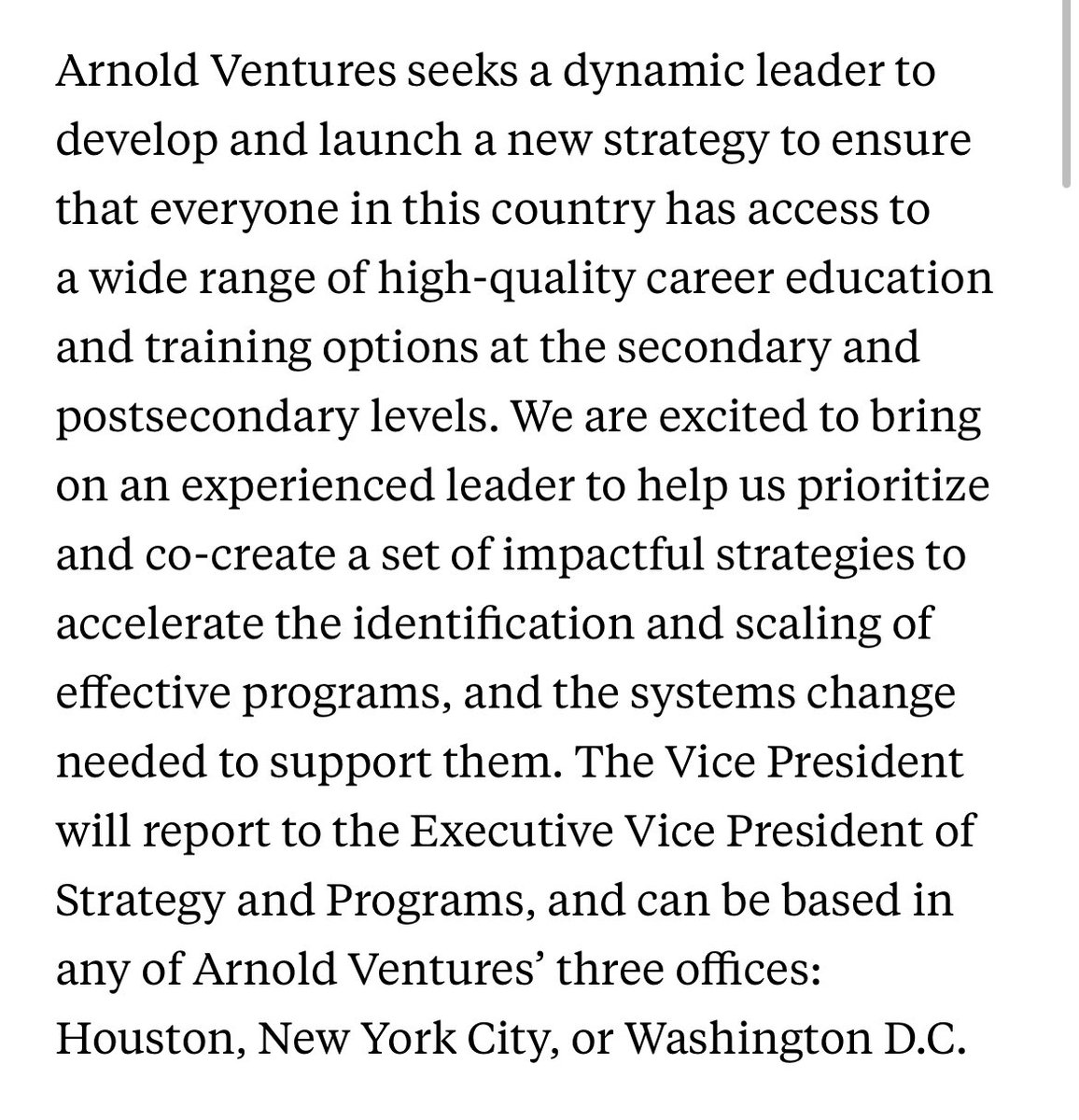 Cool job alert: Vice President of Career Education and Training @Arnold_Ventures Salary range: $200-300k arnoldventures.org/careers/vice-p…