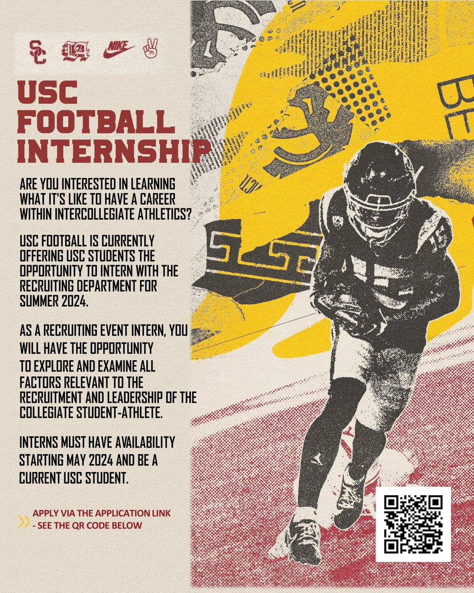 USC Students!   Interested in learning more about a career in sports? We have a great opportunity for you! The application link for our Summer 2024 Football Recruiting Event Internship is now OPEN! 🔗: form.jotform.com/232606325899163   Bring your love for winning and passion for USC