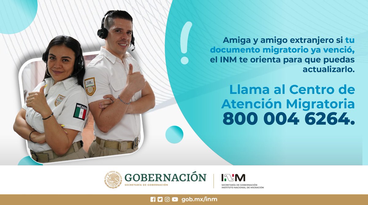 Contacta al Centro de Atención Migratoria ☎️ 800 004 62647 o ingresa a 🔗 goo.su/dXlYn para que te brinden orientación sobre el Registro Nacional de Extranjeros 👨‍👩‍👧‍👦. #INMContigo 🤝 #INMMéxico 🇲🇽